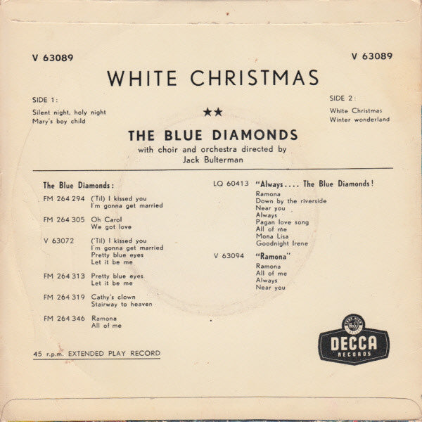 The Blue Diamonds With Choir* And Orchestra Directed By Jack Bulterman* : White Christmas (7", EP, Mono)