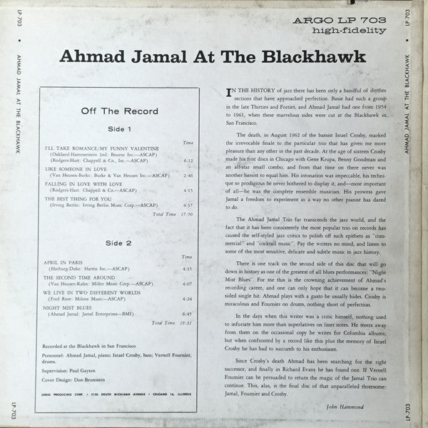 Ahmad Jamal : At The Blackhawk (LP, Album)