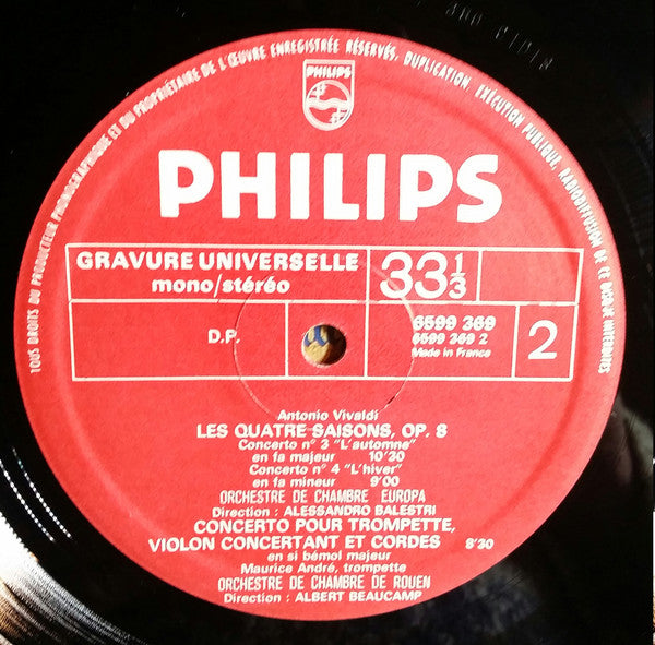 Antonio Vivaldi - Maurice André, Vittorio Negri, Staatskapelle Dresden, Alessandro Balestri, Orchestre De Chambre "Europa", Albert Beaucamp, Orchestre De Chambre De Rouen : Vivaldi   (Concerto Pour Deux Mandolines P 16 / Les Quatre Saisons / Concerto Pour Trompette Enregistrements Intégraux) (LP, Comp, Promo)