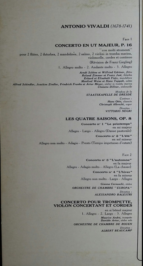 Antonio Vivaldi - Maurice André, Vittorio Negri, Staatskapelle Dresden, Alessandro Balestri, Orchestre De Chambre "Europa", Albert Beaucamp, Orchestre De Chambre De Rouen : Vivaldi   (Concerto Pour Deux Mandolines P 16 / Les Quatre Saisons / Concerto Pour Trompette Enregistrements Intégraux) (LP, Comp, Promo)