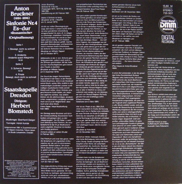 Anton Bruckner, Staatskapelle Dresden, Herbert Blomstedt : Sinfonie Nr. 4 Es-dur »Romantische« (LP)