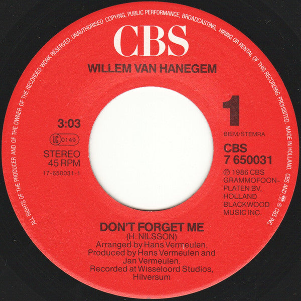 Willem van Hanegem (2) : Don't Forget Me (7", Single)