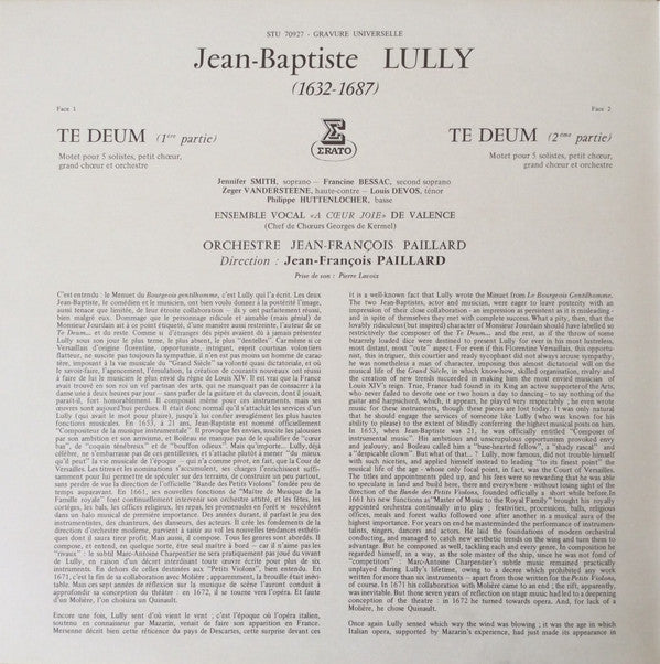 Jean-Baptiste Lully - solistes,  Ensemble Vocal "A Coeur Joie" De Valence, Orchestre De Chambre Jean-François Paillard : Te Deum (LP, Album, Gat)