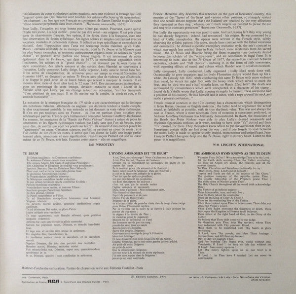 Jean-Baptiste Lully - solistes,  Ensemble Vocal "A Coeur Joie" De Valence, Orchestre De Chambre Jean-François Paillard : Te Deum (LP, Album, Gat)