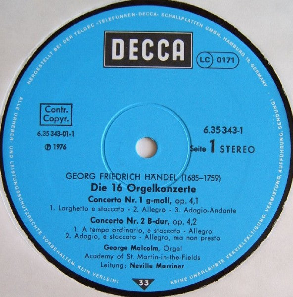 Georg Friedrich Händel - George Malcolm, The Academy Of St. Martin-in-the-Fields, Sir Neville Marriner : Die 16 Orgelkonzerte (Box + 4xLP)