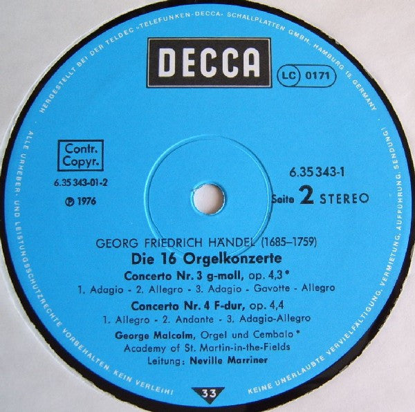 Georg Friedrich Händel - George Malcolm, The Academy Of St. Martin-in-the-Fields, Sir Neville Marriner : Die 16 Orgelkonzerte (Box + 4xLP)