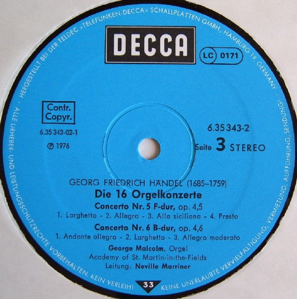 Georg Friedrich Händel - George Malcolm, The Academy Of St. Martin-in-the-Fields, Sir Neville Marriner : Die 16 Orgelkonzerte (Box + 4xLP)