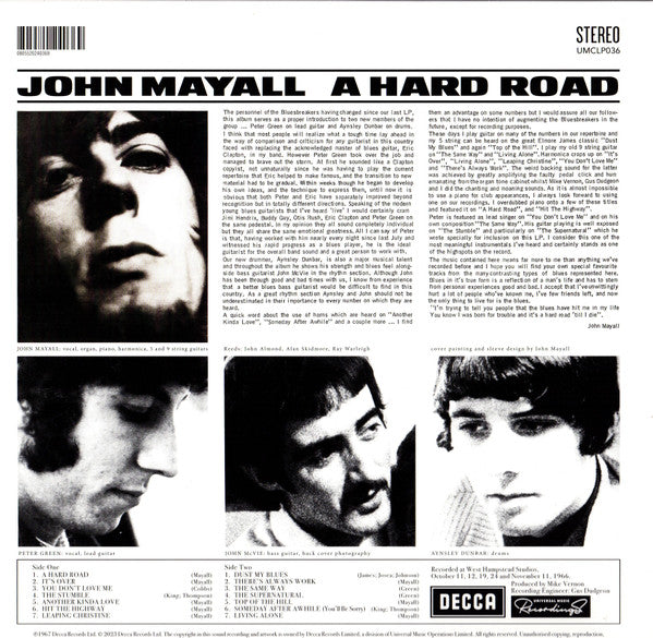 John Mayall And The Bluesbreakers* : A Hard Road (LP, Album, RE)