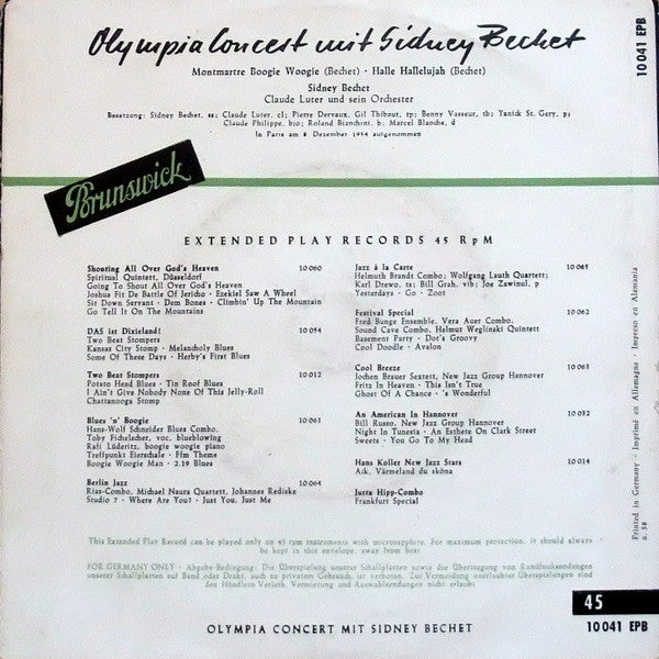 Sidney Bechet : Olympia Concert Mit Sidney Bechet (7", Mono)