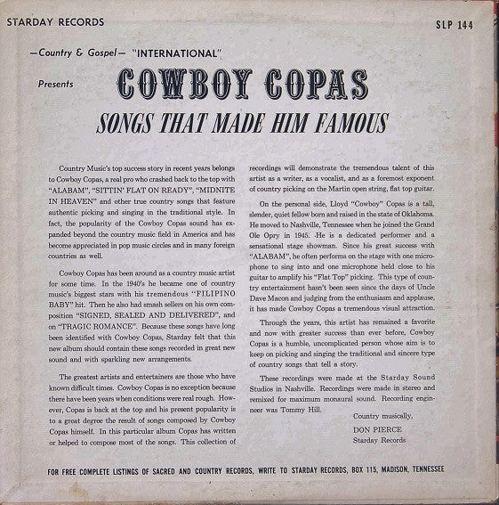 Cowboy Copas : Songs That Made Him Famous (LP, Album)