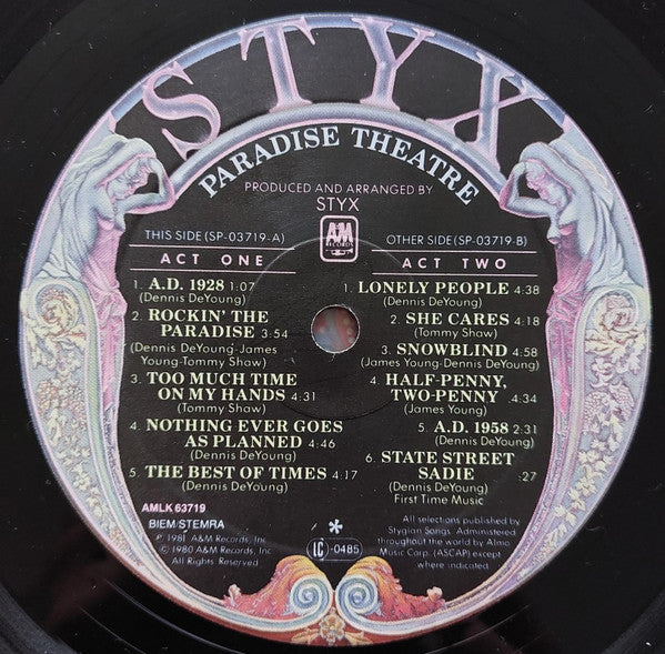 Styx : Paradise Theatre (LP, Album, Etch, M/Print, Gat)