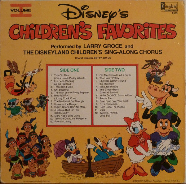 Larry Groce And The Disneyland Children's Sing-Along Chorus : Disney's Children's Favorites Volume I (LP, Kee)