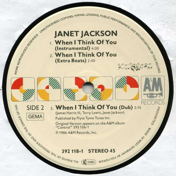 Janet Jackson : When I Think Of You (Dance Remix) (12", Single, Whi)