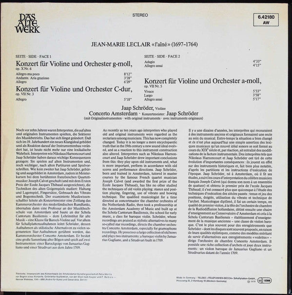Jean-Marie Leclair / Jaap Schröder : Violinkonzerte Op.VII,3. Op.VII,5. Op.X,6 (LP)