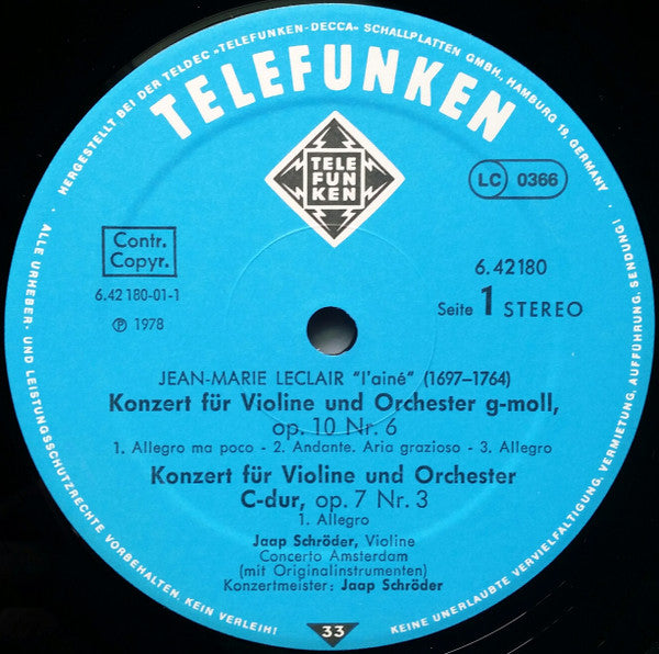 Jean-Marie Leclair / Jaap Schröder : Violinkonzerte Op.VII,3. Op.VII,5. Op.X,6 (LP)
