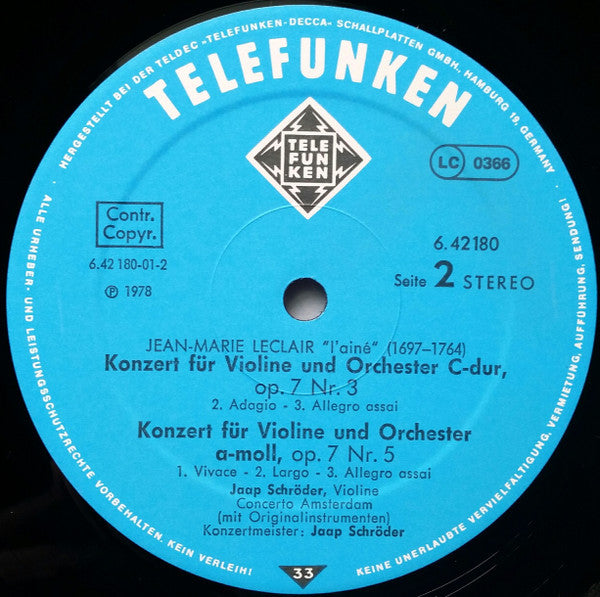 Jean-Marie Leclair / Jaap Schröder : Violinkonzerte Op.VII,3. Op.VII,5. Op.X,6 (LP)
