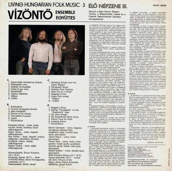 Vízöntő Együttes* : Living Hungarian Folk Music 3 = Élő Népzene III. (LP, Album)