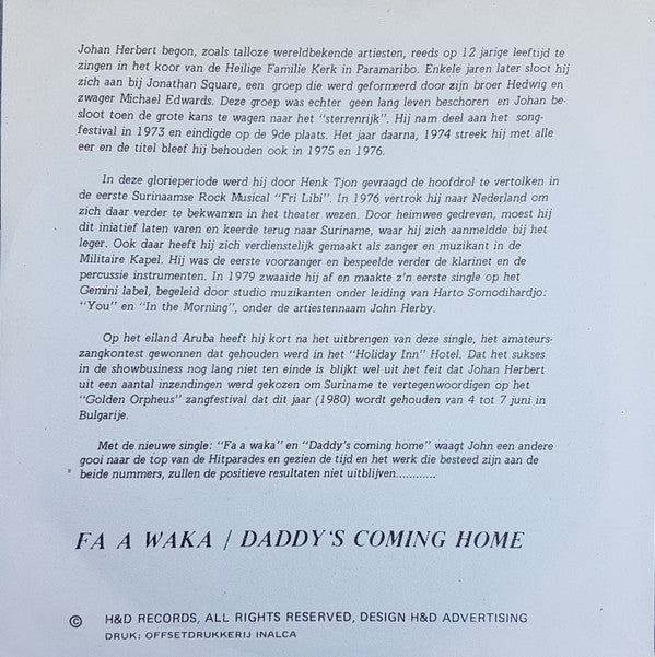 John Herby : Daddy's Coming Home (7")