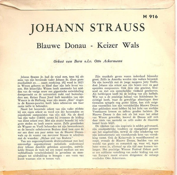 Johann Strauss Jr. / Berner Symphonieorchester o.l.v. Otto Ackermann : Blauwe Donau En Keizer Wals (7")
