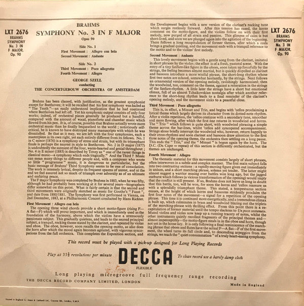 Johannes Brahms • George Szell Conducting Concertgebouworkest : Symphony No. 3 In F Major, Op. 90 (LP, Mono)