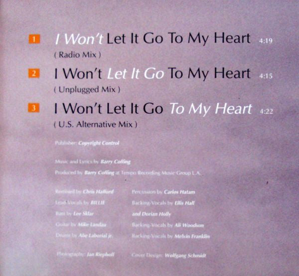 Billie (4) : I Won't Let It Go To My Heart (CD, Single)