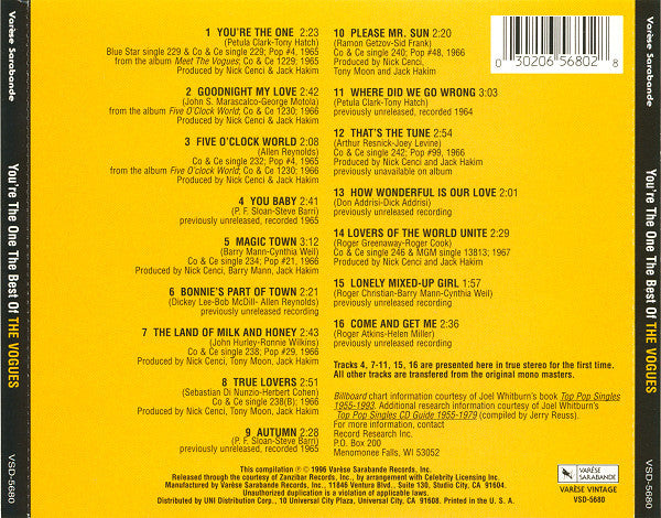 The Vogues : You're The One - The Very Best Of (The Co & Ce Sessions) (CD, Comp)