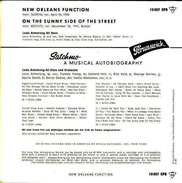 Louis Armstrong And His All-Stars : New Orleans Function / On The Sunny Side Of The Street (7", EP, RP)