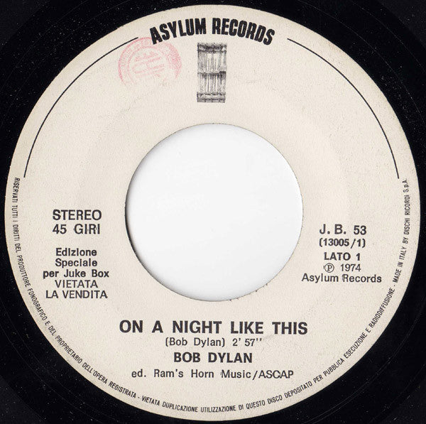 Bob Dylan / Graham Nash : On A Night Like This / On The Line (7", Jukebox)