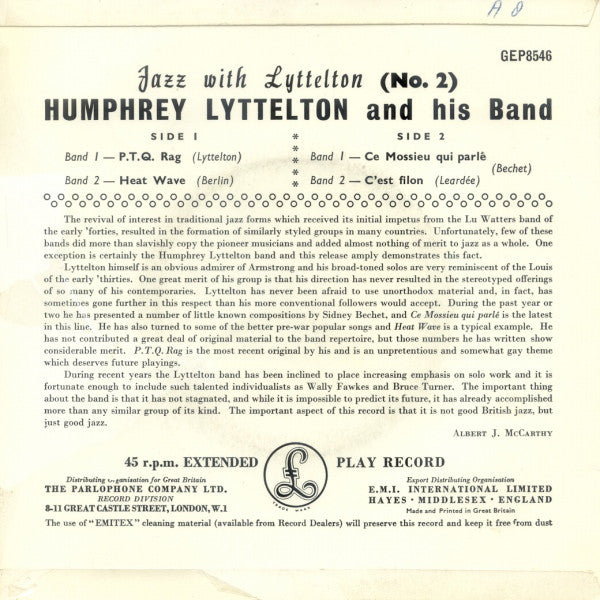 Humphrey Lyttelton And His Band : Jazz With Lyttelton (No. 2) (7", EP)