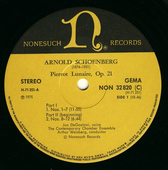 Arnold Schoenberg - Jan DeGaetani - Arthur Weisberg : Pierrot Lunaire Op.21 (LP, Album, RE)