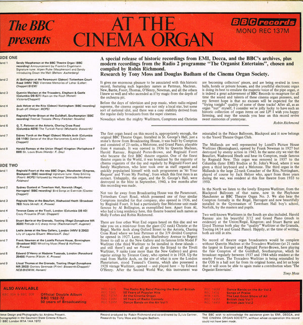 Various : The BBC Presents: At The Cinema Organ (LP, Mono)