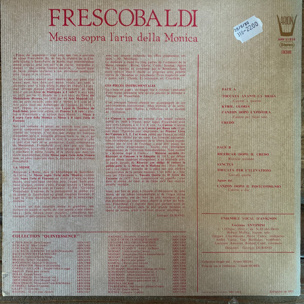 Girolamo Frescobaldi, Lucienne Antonini, Ensemble Vocal D'Avignon, Georges Durand (2) : Messa Sopra L’aria Della Monica  (LP, RE)