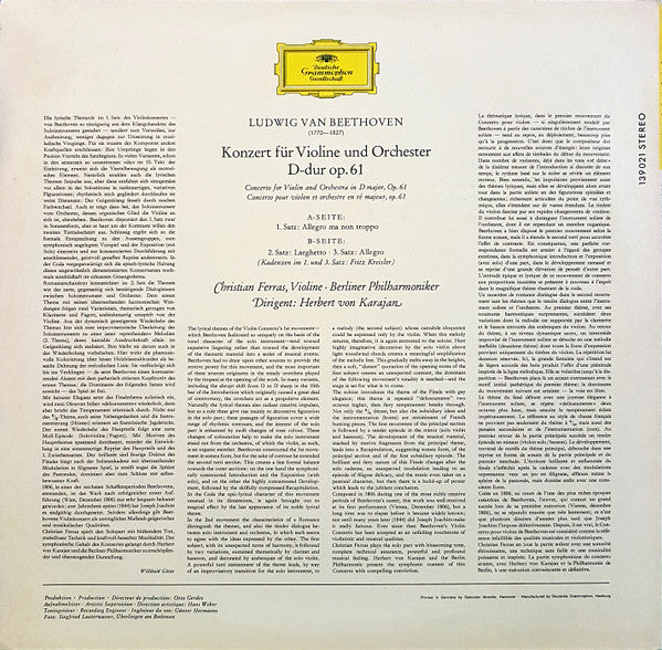 Ludwig van Beethoven, Christian Ferras, Herbert von Karajan, Berliner Philharmoniker : Violinkonzert D-Dur (LP)