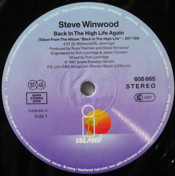 Steve Winwood : Back In The High Life Again (12", Maxi)