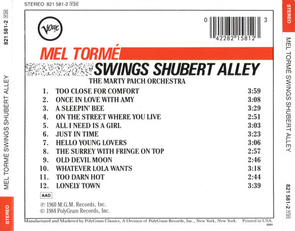 Mel Tormé, The Marty Paich Orchestra* : Swings Shubert Alley (CD, Album, RE, PMD)