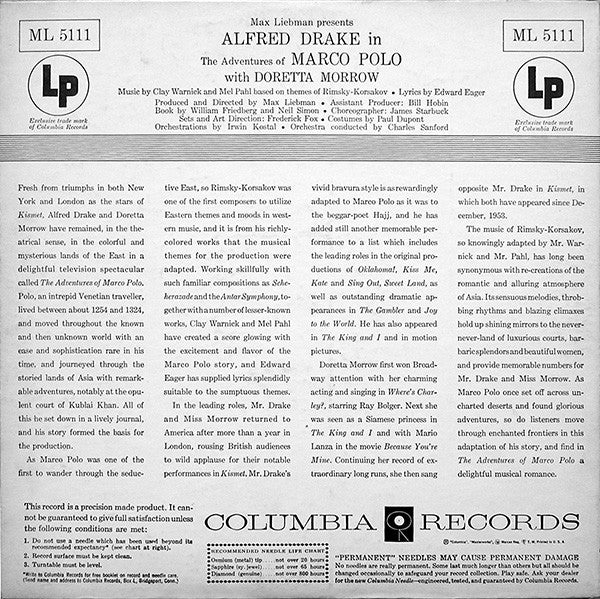 Max Liebman Presents Alfred Drake With Doretta Morrow : The Adventures Of Marco Polo (LP, Album)