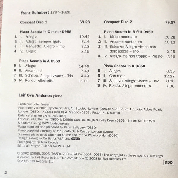 Leif Ove Andsnes, Franz Schubert : Late Piano Sonatas D850 • D958 • D959 • D960 (2xCD, Comp)