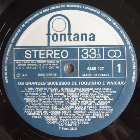 Toquinho & Vinicius : Os Grandes Sucessos De Toquinho E Vinicius (LP, Comp, RE)