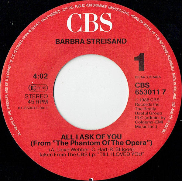 Barbra Streisand : All I Ask Of You (7", Single)