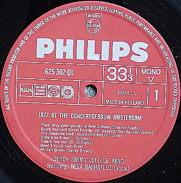 The Dutch Swing College Band Featuring: Neva Raphaello : Jazz At The Concertgebouw (LP, RP)