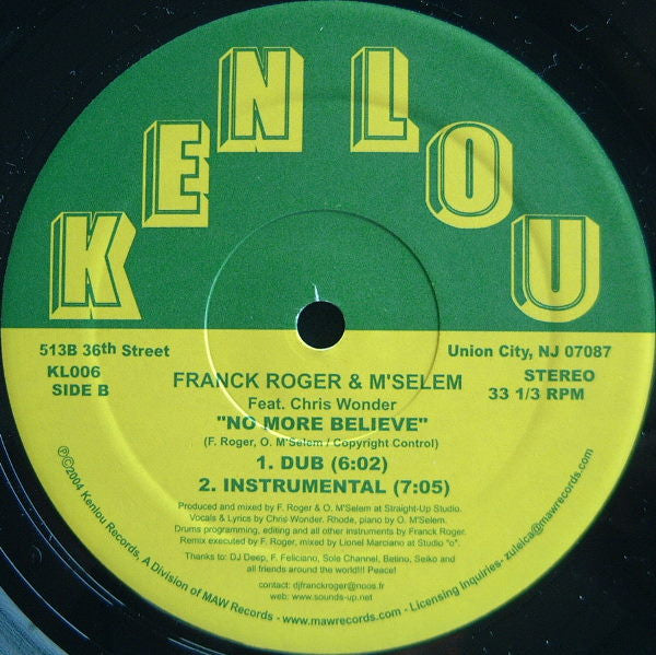 Franck Roger & M'Selem Feat. Chris Wonder : No More Believe (12")