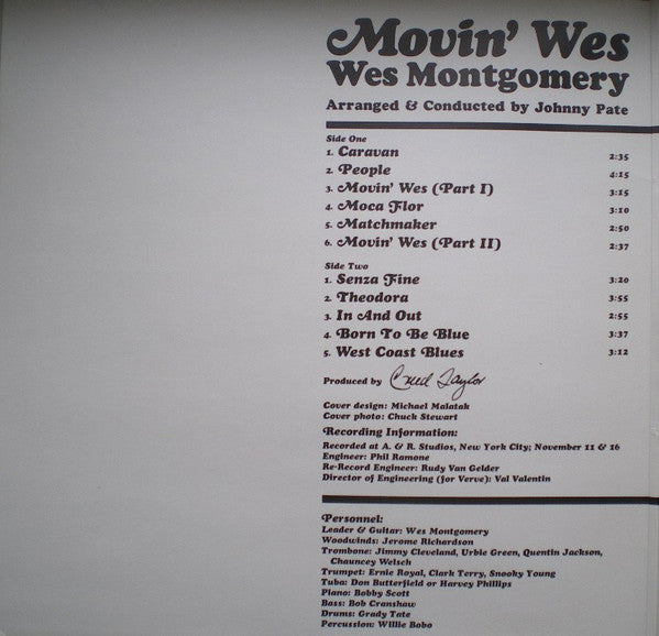 Wes Montgomery : Movin' Wes (LP, Album, RE, Gat)