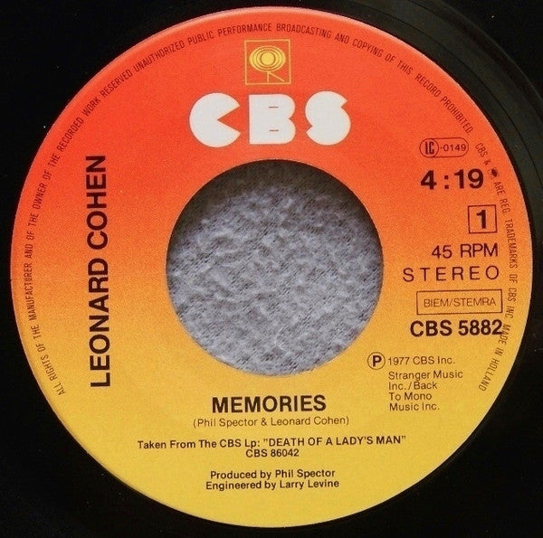 Leonard Cohen : Memories / Don't Go Home With Your Hard-On (7", Single)