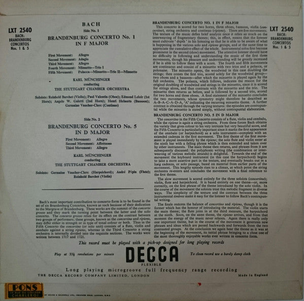 Bach* - Karl Münchinger Conducting The Stuttgart Chamber Orchestra* : Brandenburg Concertos No 1 In F Major / No 5 In D Major (LP, Mono, Ora)