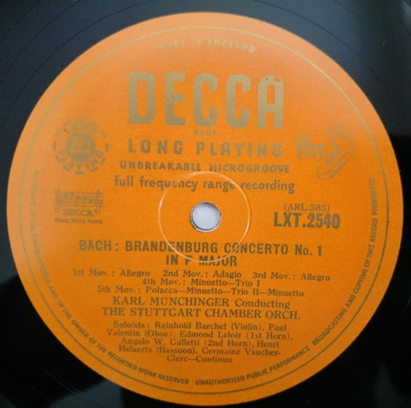 Bach* - Karl Münchinger Conducting The Stuttgart Chamber Orchestra* : Brandenburg Concertos No 1 In F Major / No 5 In D Major (LP, Mono, Ora)