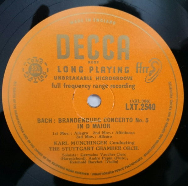 Bach* - Karl Münchinger Conducting The Stuttgart Chamber Orchestra* : Brandenburg Concertos No 1 In F Major / No 5 In D Major (LP, Mono, Ora)