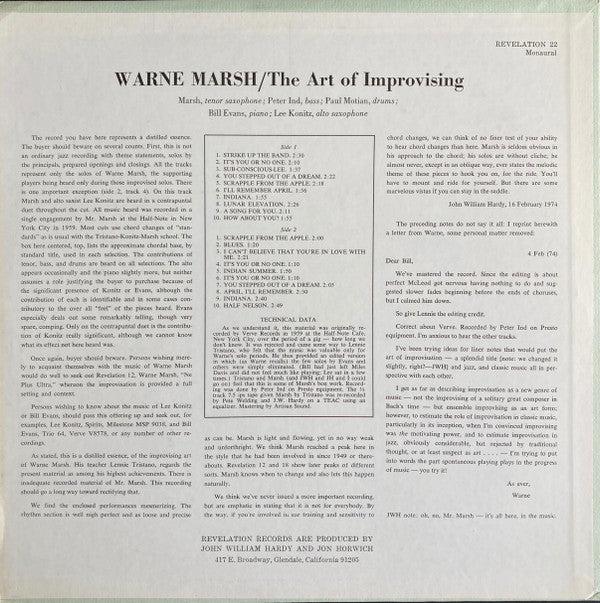 Warne Marsh : The Art Of Improvising (LP, Album)