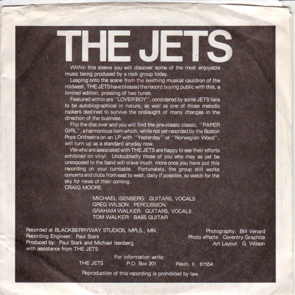 The Jets (9) : Lover Boy / Paper Girl (7", Single)