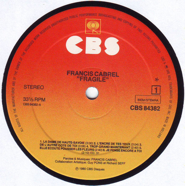Francis Cabrel : Fragile (LP, Album)