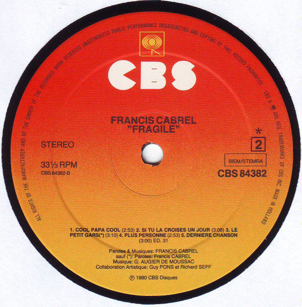 Francis Cabrel : Fragile (LP, Album)